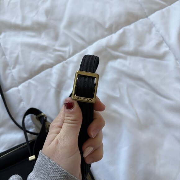 Travelon Signature Slim Day Bag Crossbody Black Canvas Pockets Blue Inside - Picture 4 of 12